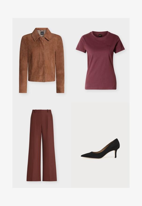 Veste en daim marron avec col pointu, manches longues, fermeture éclair dissimulée devant et poches latérales, présentée sur fond blanc.; T-shirt à manches courtes pour femme, couleur bordeaux, col rond et petit logo brodé "BOSS" sur le côté gauche de la poitrine.; Pantalon taille haute à jambes larges en marron foncé avec passants de ceinture et pli devant.; Escarpin en daim noir à bout pointu avec un talon stiletto fin de hauteur moyenne et un design à coupe basse sur un fond uni.