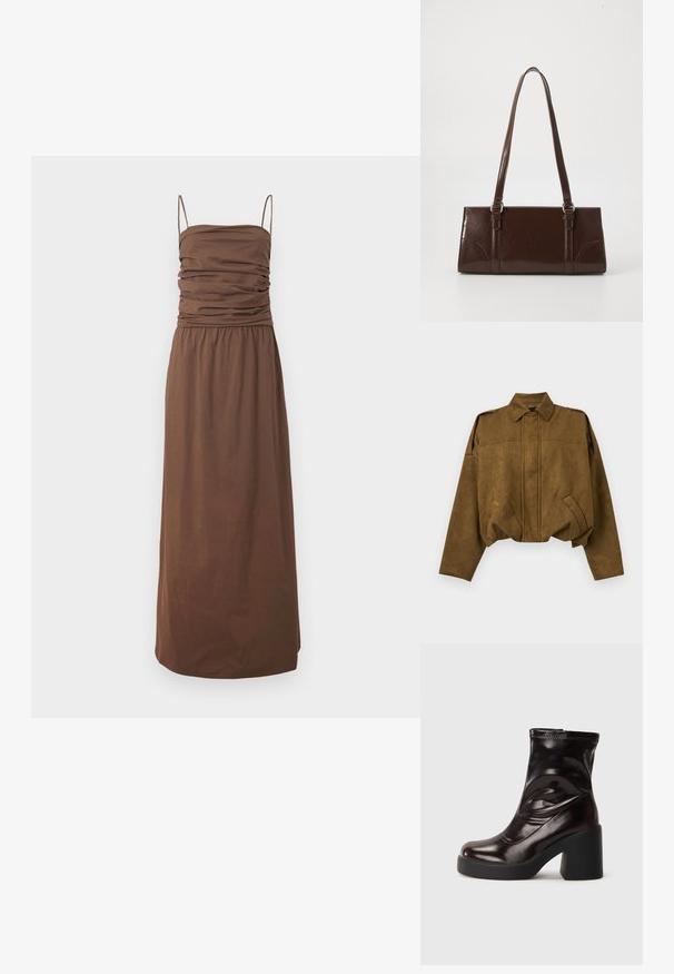 Veste courte en daim marron avec manches longues, fermeture boutonnée cachée sur le devant, deux poches inclinées et col pointu.; Robe longue marron sans manches avec corsage froncé et fines bretelles spaghetti sur un fond clair uni.; Bottine noire brillante à talon bloc épais et bout rond, en cuir lisse avec des détails de couture subtils.; Sac à main en cuir verni marron de forme rectangulaire, avec deux longues poignées et des accents courbés subtils à l'avant.