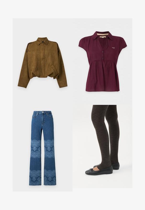 Veste courte en daim marron avec manches longues, fermeture boutonnée cachée sur le devant, deux poches inclinées et col pointu.; Blouse violet foncé à manches courtes avec col, trois boutons sur le devant et un petit logo blanc sur la poitrine gauche.; Jeans bleus taille haute à jambes droites avec motifs floraux bleu clair et motifs en dentelle sur les cuisses et les mollets, boutons à l'avant et poches.; Jambes portant des leggings côtelés foncés associés à des ballerines noires avec de petits détails en nœud sur fond blanc.