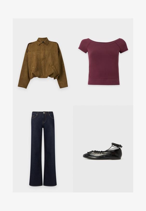 Veste courte en daim marron avec manches longues, fermeture boutonnée cachée sur le devant, deux poches inclinées et col pointu.; Top court à manches courtes, épaules dénudées, en tissu uni bordeaux foncé avec ourlet et encolure côtelés.; Jean en denim bleu foncé à jambes larges avec poches avant, fermeture par bouton et fermeture éclair, et coutures contrastantes visibles.; Ballerines en cuir verni noir avec un bout rond, un design à lacets et une semelle plate. Texture lisse avec peu de détails.