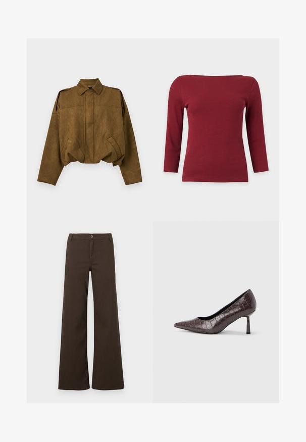Veste courte en daim marron avec manches longues, fermeture boutonnée cachée sur le devant, deux poches inclinées et col pointu.; Haut à manches longues côtelé rouge foncé uni avec un large col bateau et une silhouette ajustée sur fond gris clair.; Pantalons larges taille haute marron foncé avec fermeture à bouton et passants de ceinture, présentés sur un fond blanc uni.; Escarpins à bout pointu en similicuir marron avec une texture crocodile, dotés d’un talon fin et angulaire ainsi que d’une doublure intérieure lisse.