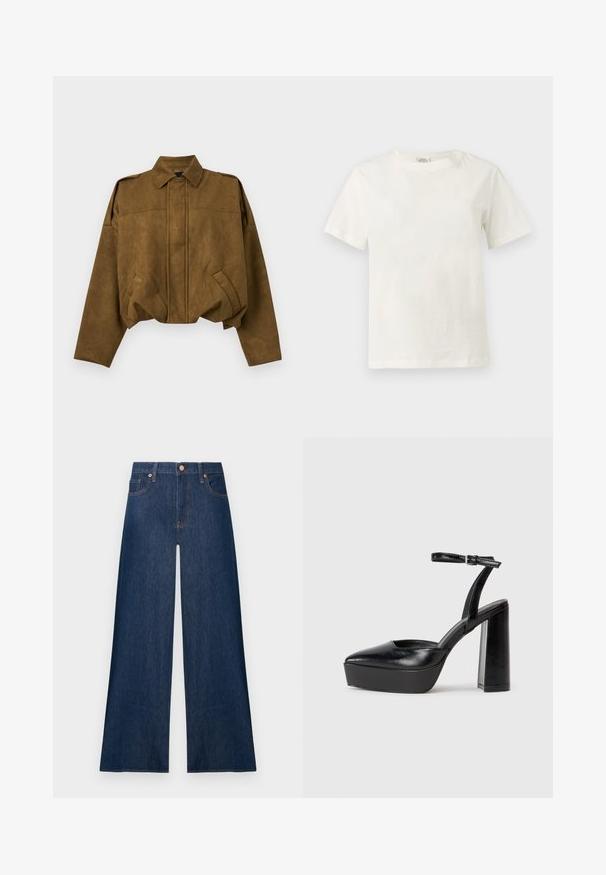 Veste courte en daim marron avec manches longues, fermeture boutonnée cachée sur le devant, deux poches inclinées et col pointu.; T-shirt blanc en coton, manches courtes, col rond, présenté sur un fond gris clair neutre.; Jean denim bleu foncé à jambes larges avec boutons avant et poches, présenté sur un fond clair uni.; Escarpins noirs à plateforme avec un bout pointu et une sangle réglable à la cheville. Conçus en cuir lisse, avec un large talon bloc.