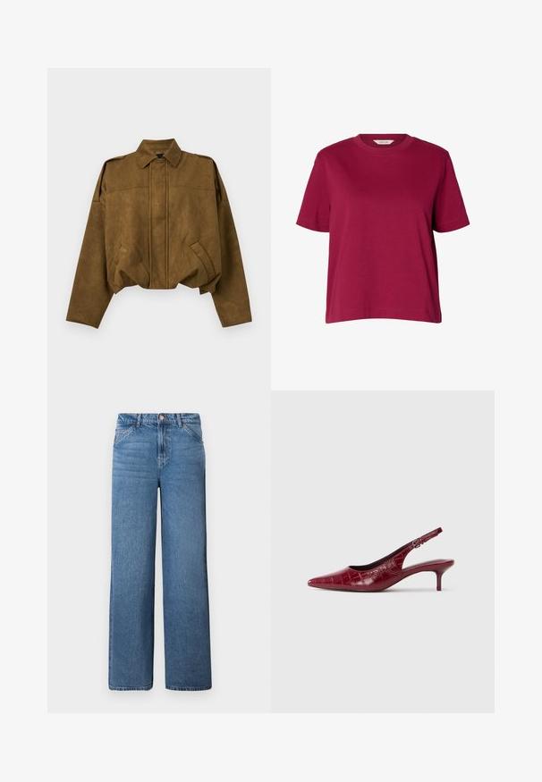 Veste courte en daim marron avec manches longues, fermeture boutonnée cachée sur le devant, deux poches inclinées et col pointu.; T-shirt uni bordeaux à manches courtes et col rond, coupe ample, présenté sur fond blanc uni.; Jean large en denim bleu clair à taille haute, avec une fermeture éclair dissimulée et un bouton, et des coutures de poche avant distinctes.; Escarpin à talon kitten en cuir bourgogne avec texture crocodile, bout pointu, bride ajustable et talon bas sur fond blanc.