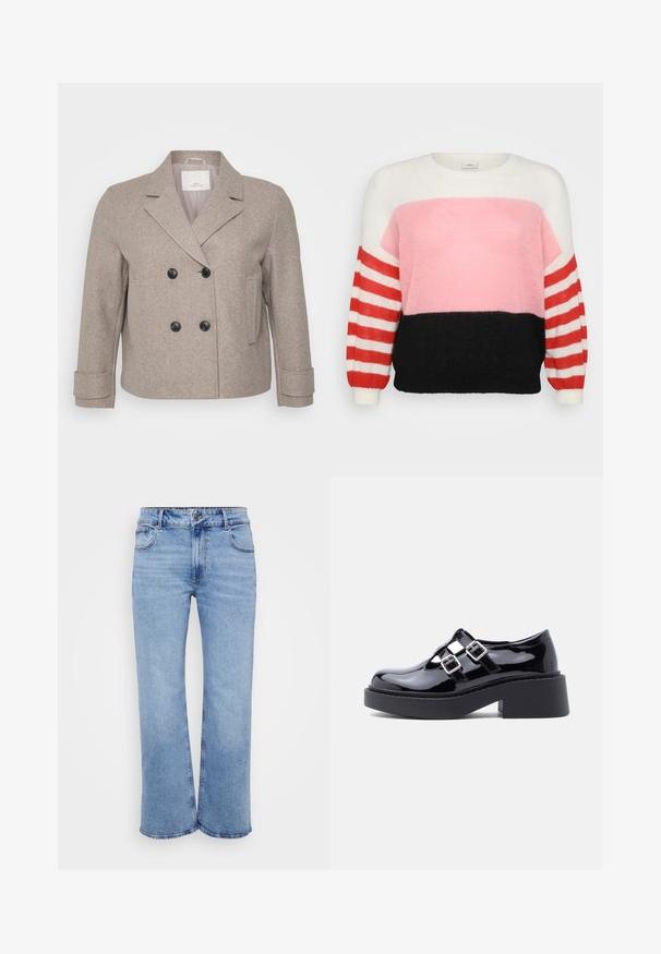 Dobbeltradet jakke i lyse beige uldblanding. Har sorte knapper, en slagkrave og en enkelt lomme på højre side.; Mønstret strikket sweater i flere farver med rund hals; har et mønster i hvid, pink og sort med røde og hvide stribede ærmer.; Lysblå vidde jeans lavet af denim, med fem lommer, en frontlynlås og en knaplukning. Subtile syninger langs sømmene.; Sorte platformssko i laklæder med bred hæl, udskåret design og to sølvspænder hen over vristen. Flad gummisål.