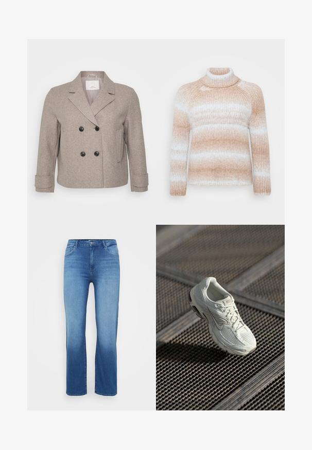 Dobbeltradet jakke i lyse beige uldblanding. Har sorte knapper, en slagkrave og en enkelt lomme på højre side.; ONLY Carmakoma CARDITTE ROLLNECK - Striktrøje - cloud blue/tobacco brown; Lysblå denimjeans med lige snit, fem-lomme design og en slidt effekt ved kanten. Knaplukning i taljen.; Hvide Nike løbesko med overdel i mesh og syntetisk materiale, som hviler på metalristgulv i blødt naturligt lys.