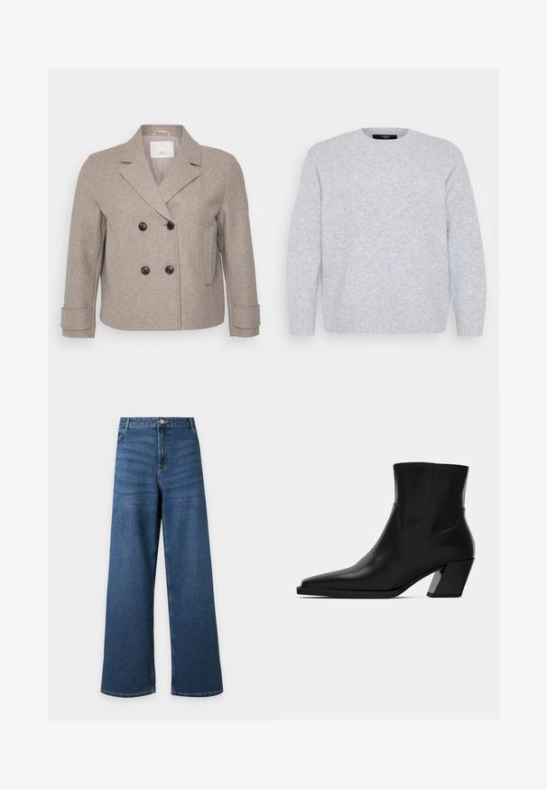 Kaksikardinaline jakk heleses nublides villaseguses. Omab musti nuppe, sälgkaelust ja ühte taskut paremal.; Vero Moda Curve Knitted VMCBOOM Knitted - Džemper - light grey melange; Sinised laia lõikega teksapüksid esinupu ja tõmblukuga, esitaskute ja vööaasadega, näidatud valgel taustal lamedalt.; Must must jalatsid mustast nahast, terava ninaga, stiilne siluett ja jäme ruudukujuline konts. Sile tekstuur, millel on minimaalsed õmblemise detailid.