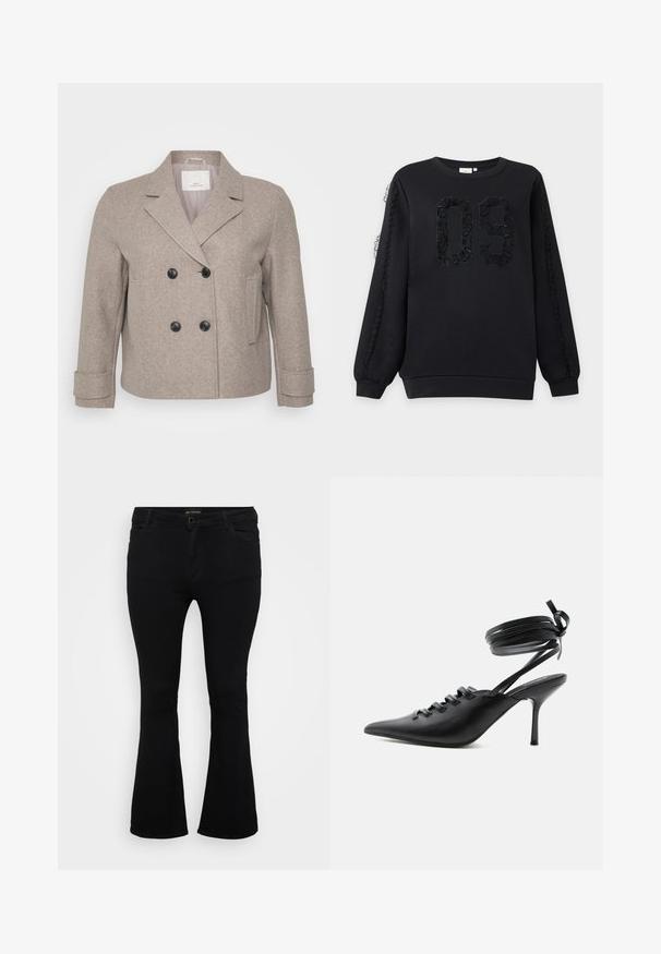 Chaqueta de doble botonadura en mezcla de lana beige claro. Presenta botones negros, un cuello con muesca y un bolsillo en el lado derecho.; Sudadera negra de manga larga con el número 09 texturizado en el frente y detalles de encaje que bajan por ambas mangas.; Pantalones vaqueros de corte acampanado en negro, fabricados en denim, con cierre de botón, cinco bolsillos y una textura suave. Diseño clásico con dobladillo acampanado.; Zapato de tacón alto negro con punta puntiaguda, con cordones en la parte delantera y correas que rodean el tobillo atadas con un lazo, mostrado de lado sobre un fondo blanco.