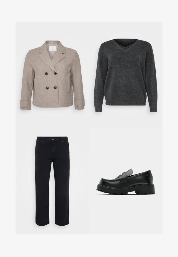 Dobbeltradet jakke i lyse beige uldblanding. Har sorte knapper, en slagkrave og en enkelt lomme på højre side.; Mørkegrå strikket sweater med v-hals, lange ærmer og afslappet pasform. Blød tekstur, minimal detaljering og en glat overflade.; Sorte denimjeans med lige ben-design. Funktioner inkluderer en knaplukning i taljen, bæltestropper og front-/baglommer. Glat tekstur.; Sorte læder loafers med en chunky tekstureret sål, der har en rem over vamps og en glat, poleret finish.