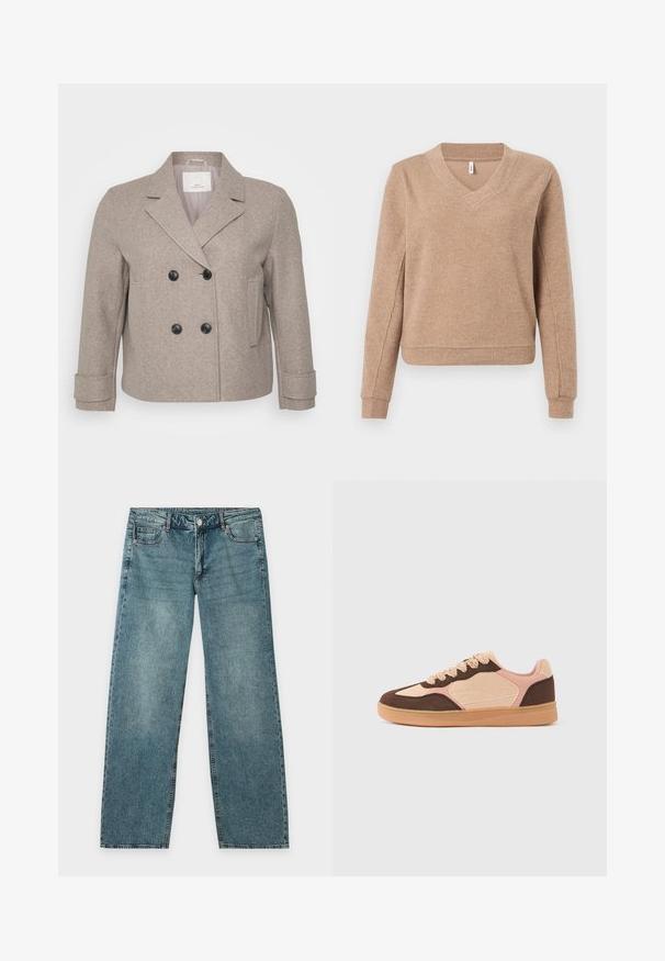 Dubbelzijdige jas van licht beige wolmix. Voorzien van zwarte knopen, een geknipt kraag en een enkele zak aan de rechterkant.; Beige geribbelde trui met een V-hals, lange mouwen en aansluitende manchetten. Zachte textuur met een licht losse pasvorm en een rechte zoom.; Blauwe denim jeans met rechte pijpen, knoopsluiting aan de voorkant en vijf zakken ontwerp op een effen witte achtergrond.; Casual sneaker met lichtbeige, zachtroze en donkergroene suède panelen, vetersluiting en een profielzool van gumrubber tegen een effen achtergrond.