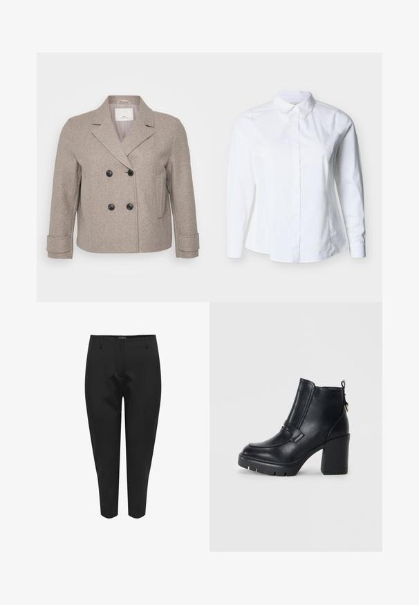 Dobbeltradet jakke i lyse beige uldblanding. Har sorte knapper, en slagkrave og en enkelt lomme på højre side.; Hvid langærmet skjorte med knapper, spids krave og figursyet talje mod en lys baggrund.; Sorte skræddersyede bukser lavet af letvægtsstof, med en glat tekstur, slim fit og en mid-rise talje, samt frontlommer.; Sorte læder ankelstøvler med en chunky hæl, rund tå og dekorativ rem på forsiden. Lynlås i siden for nem påklædning.