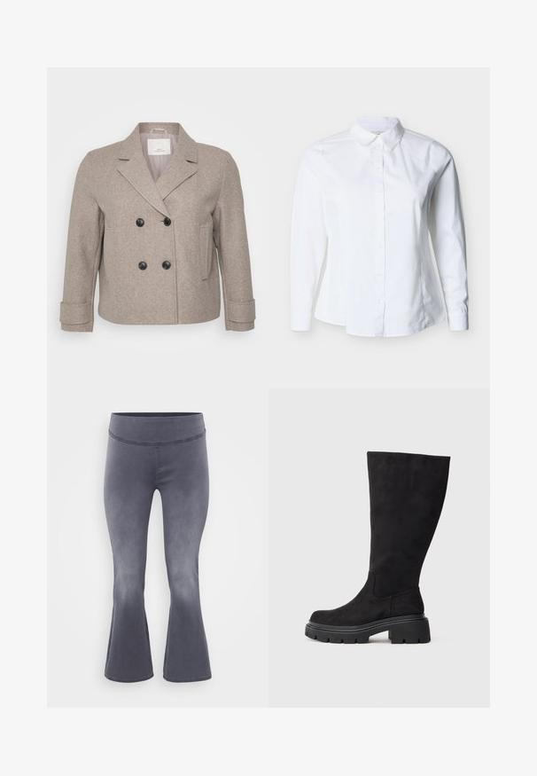 Dubbelzijdige jas van licht beige wolmix. Voorzien van zwarte knopen, een geknipt kraag en een enkele zak aan de rechterkant.; Witte blouse met lange mouwen, knoopsluiting, scherpe kraag en getailleerde taille, afgebeeld tegen een lichte achtergrond.; Grijze flared broeken met een brede tailleband. Glad weefsel met een lichte glans, van donkerboven naar lichter beneden.; Zwarte kniehoge laars van zacht suède met een dikke zwarte rubberen zool en een licht afgeronde neus. Heeft een naadloos ontwerp en een gladde textuur.