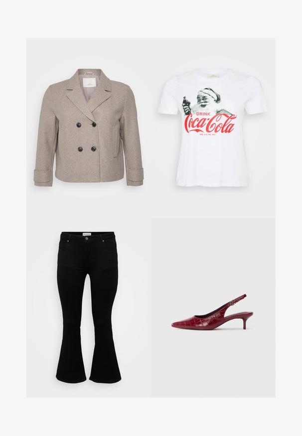 Doppelt geschnittene Jacke aus einem hellbeigen Wollmix. Mit schwarzen Knöpfen, einem Reverskragen und einer einzelnen Tasche auf der rechten Seite.; Weißes Baumwoll-T-Shirt mit einem Vintage-Weihnachtsmann-Design, der eine Coca-Cola-Flasche hält, und rotem Text, der "DRINK Coca-Cola" sagt.; Schwarze Schlagjeans aus weichem Denim, mit einer taillierten Passform, Vordertaschen und einem ausgestellten Saum für einen lockeren Sitz.; Burgunderfarbene Leder-Slingback-Pumpe mit Krokodilleder-Textur, spitzem Zehenbereich, verstellbarem Riemen mit Schnalle und niedrigem Kitten-Absatz auf einem weißen Hintergrund.