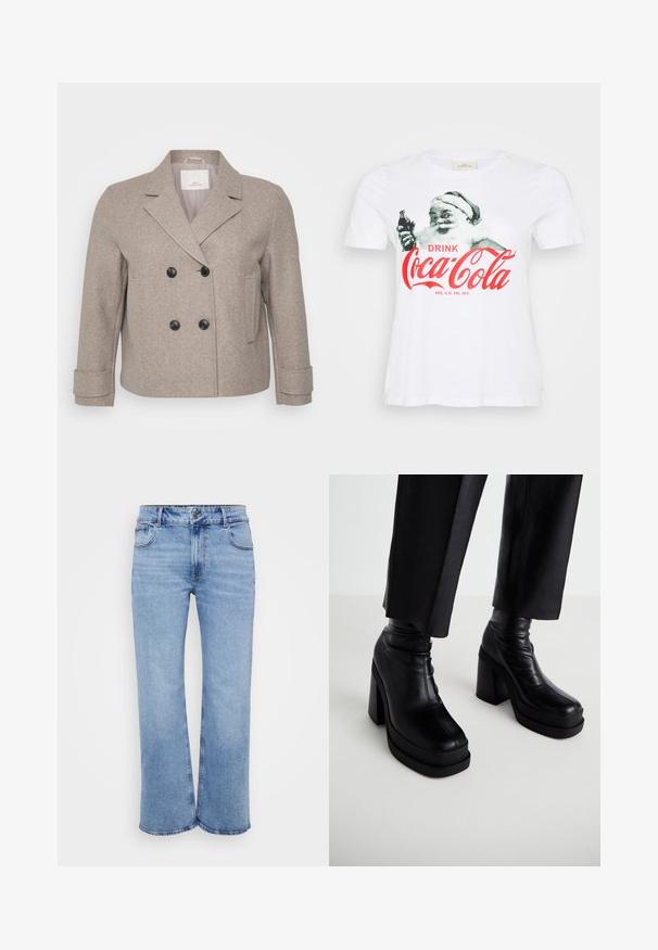 Dobbeltradet jakke i lyse beige uldblanding. Har sorte knapper, en slagkrave og en enkelt lomme på højre side.; Hvid bomulds T-shirt med et vintage Santa Claus grafisk design, hvor han holder en Coca-Cola flaske, med røde bogstaver der siger "DRIK Coca-Cola."; Lysblå vidde jeans lavet af denim, med fem lommer, en frontlynlås og en knaplukning. Subtile syninger langs sømmene.; Sorte læderplatform ankelstøvler med en høj blokhæl og glat tekstur. Har syningsdetaljer og et tætsiddende design.