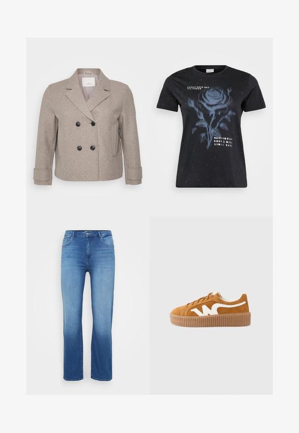 Dobbeltradet jakke i lyse beige uldblanding. Har sorte knapper, en slagkrave og en enkelt lomme på højre side.; ONLY Carmakoma CARMIKO WASHED SS REG TEE JRS - T-shirts print - black; Lysblå denimjeans med lige snit, fem-lomme design og en slidt effekt ved kanten. Knaplukning i taljen.; Brun ruskindssneaker med hvide accenter, rundet tå, snørelukning foran og ribbet beige sål. Har en fremtrædende logo på siden.