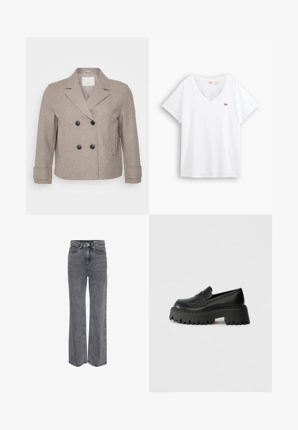 Dubbelzijdige jas van licht beige wolmix. Voorzien van zwarte knopen, een geknipt kraag en een enkele zak aan de rechterkant.; Witte katoenen T-shirt met een V-hals en korte mouwen. Voorzien van een klein rood logo op de linkerborst. Zachte textuur en ontspannen pasvorm.; Hoge taille, rechte grijze spijkerbroek van denim met knopen aan de voorkant, ritssluiting en klassiek ontwerp met vijf zakken.; Zwarte leren instapper met een dikke, robuuste rubberen zool met een getande rand en een enkele decoratieve hardware-accent op de bovenkant.