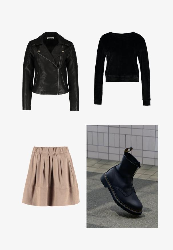Zwarte leren motorjack met een slim-fit ontwerp, asymmetrische rits, gestructureerde schouders en twee voorzakken met rits. Gladde afwerking.; Zwarte cropped sweatshirt gemaakt van zachte, gladde stof. Heeft lange mouwen en een brede hals. Eenvoudig, onversierd ontwerp zonder zichtbare patronen.; Bruine geplooide rok met een elastische tailleband, gemaakt van een zachte stof. Heeft een gladde textuur en twee zijzakken.; Zwarte leren enkellaars met een ritssluiting aan de zijkant, een gestructureerd oppervlak, geel stikselaccent en een rubberen zool.