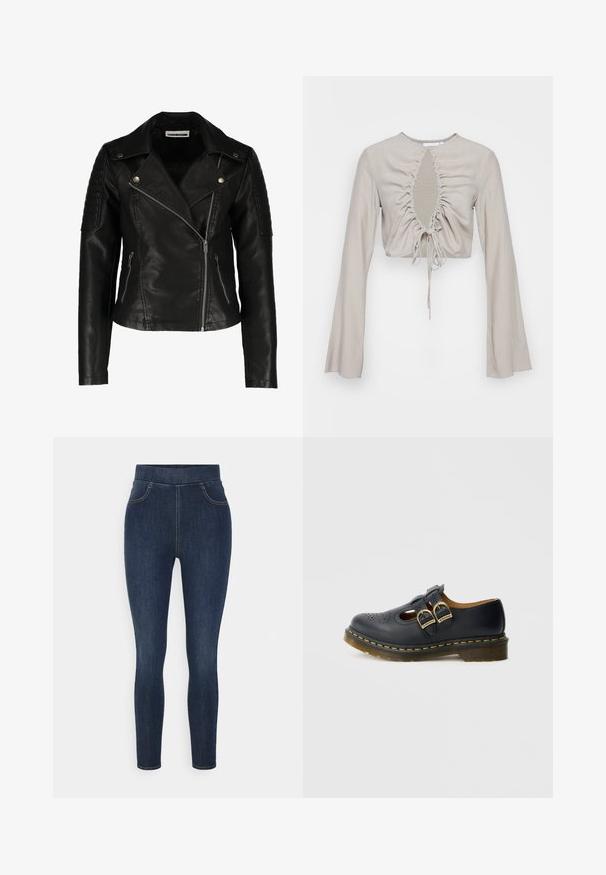 Musta nahkainen moottoripyörälenkkijakku, jossa on istuva muotoilu, vinoketju, tekstuuriset hartiat ja kaksi etutaskua vetoketjulla. Sujuva pinta.; Weekday CASSIE BLOUSE - Pusero - mole; Tummansiniset denim-jeggingsit, joissa on korkea vyötärö, kapea istuvuus ja hillitty kuluminen. Sisältää etutaskut ja sileän, pehmeän tekstuurin.; Musta nahkakenkä, jossa on kaksi solkipantaa, koristeltuna rei'itetyllä kuvioinnilla, pyöreä kärki ja keltainen ommelyksityiskohta pohjan ympäri.