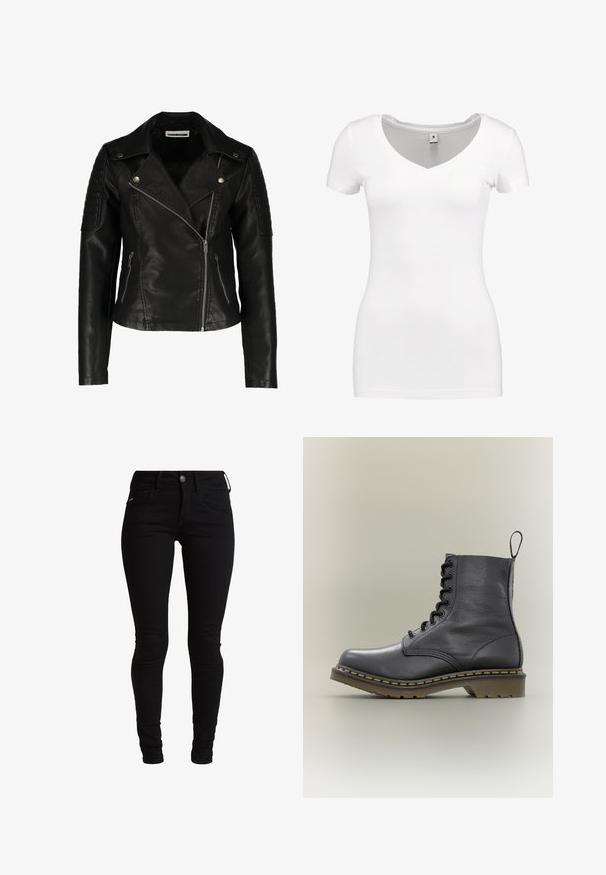 Schwarze Leder-Bikerjacke mit einer taillierten Passform, asymmetrischem Reißverschluss, strukturierten Schultern und zwei vorderen Reißverschlusstaschen. Glatte Oberfläche.; G-STAR BASE - T-Shirt basic - white; Schwarze Skinny-Jeans aus Denim, mit einem klassischen Fünf-Taschen-Design, Gürtelschlaufen und einem vorderen Knopfverschluss. Gelenkiger, dehnbarer Stoff.; Schwarzer Leder-Kampfboot mit 8 Ösen, Gummisohle, gelben Nähten und einer Zuglasche hinten. Verfügt über einen strukturierten Schaft.