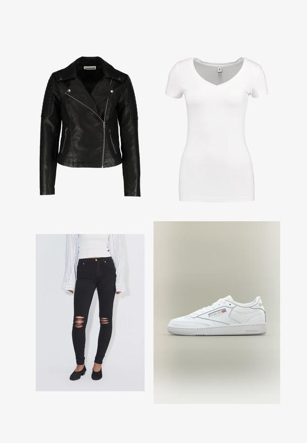 Zwarte leren motorjack met een slim-fit ontwerp, asymmetrische rits, gestructureerde schouders en twee voorzakken met rits. Gladde afwerking.; G-STAR BASE - T-shirt basic - white; Persoon die zwarte gescheurde skinny jeans draagt, zwarte schoenen met hak, een wit cropped topje en een wit shirt met lange mouwen met zwarte strepen.; Witte lage Reebok sneaker met stikseldetails, perforaties bij de tenen en Reebok-logo met een kleine Union Jack aan de zijkant.