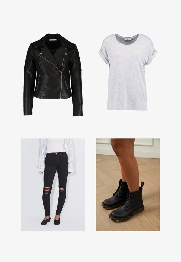 Schwarze Leder-Bikerjacke mit einer taillierten Passform, asymmetrischem Reißverschluss, strukturierten Schultern und zwei vorderen Reißverschlusstaschen. Glatte Oberfläche.; Helles graues T-Shirt mit kurzen Ärmeln und rundem Ausschnitt, mit umgeschlagenen Bündchen, aus weichem Stoff gefertigt, mit lockerem Schnitt und minimalistischem Design.; Person trägt schwarze zerrissene Skinny-Jeans, schwarze Pumps, ein weißes kurz geschnittenes Top und ein langärmeliges weißes Hemd mit schwarzen Streifen.; Schwarze Leder-Stiefeletten mit Reißverschluss und Schnürdesign, ausgestattet mit gelben Nähten und einer dicken, strukturierten Sohle.