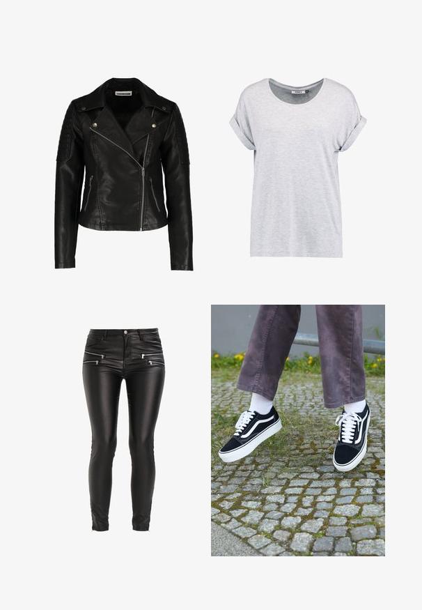 Zwarte leren motorjack met een slim-fit ontwerp, asymmetrische rits, gestructureerde schouders en twee voorzakken met rits. Gladde afwerking.; Lichtgrijze, T-shirt met korte mouwen en rond hals, met oprolmanchetten, gemaakt van zachte stof, met een relaxte pasvorm en een minimaal design.; Freequent AIDA COOPER - Broek - black; Zwarte suède sneakers met witte accenten, met een ronde neus, dikke witte zool en klassieke vetersluiting, gedragen met witte sokken en paarse broek.
