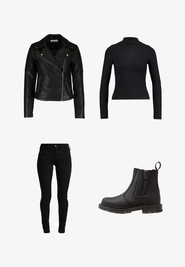 Čierna kožená motocyklová bunda so priliehavým strihom, asymetrickým zipsom, textúrovanými plecami a dvoma prednými zipsovými vreckami. Hladký povrch.; Čierny dlhý rukáv rolák vyrobený z rebrovanej látky, s priliehavým strihom a štíhlym siluetou. Bez vzorov či akcentov.; Čierne slim džínsy vyrobené z denimu, s klasickým dizajnom piatich vreciek, pútkami na opasok a predným zapínaním na gombík. Hladká, elastická textura.; Čierna syntetická členková čižma s dvoma zipsami, okrúhlou špičkou, textúrovanou podrážkou a pútkom vzadu pre jednoduché obúvanie.