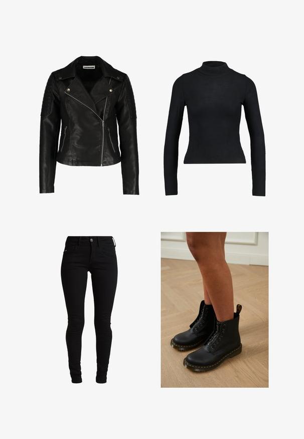 Chaqueta de motorista de cuero negro con diseño ajustado, cremallera asimétrica, hombros texturizados y dos bolsillos frontales con cremallera. Acabado suave.; Top negro de manga larga y cuello alto, hecho de tela acanalada, con un diseño ajustado y silueta esbelta. Sin patrones ni acentos.; Jeans skinnies negros de denim, con un diseño clásico de cinco bolsillos, trabillas para el cinturón y cierre frontal con botón. Textura suave y elástica.; Botas de cuero negro hasta el tobillo con diseño de cremallera y cordones, que presentan costuras amarillas y una suela gruesa y texturizada.