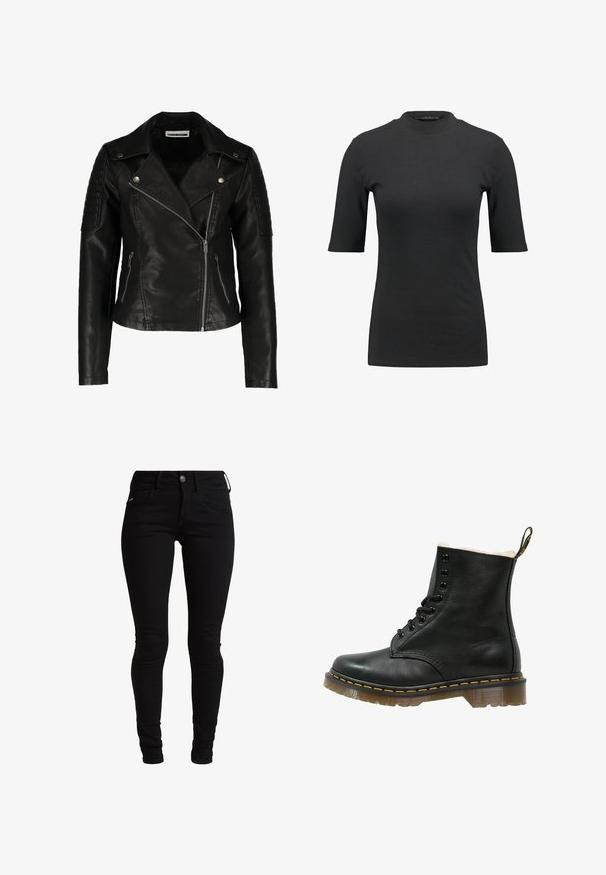 Schwarze Leder-Bikerjacke mit einer taillierten Passform, asymmetrischem Reißverschluss, strukturierten Schultern und zwei vorderen Reißverschlusstaschen. Glatte Oberfläche.; Schwarzes geripptes T-Shirt mit hohem Hals und kurzen Ärmeln. Glattes, figurbetontes Design ohne Muster oder sichtbare Hardware-Details.; Schwarze Skinny-Jeans aus Denim, mit einem klassischen Fünf-Taschen-Design, Gürtelschlaufen und einem vorderen Knopfverschluss. Gelenkiger, dehnbarer Stoff.; Schwarze Lederstiefelette mit einer weichen weißen Fütterung, runder Zehenpartie, sechs Ösen Schnürung, gelben Nähten und einer transparenten Gummisohle.