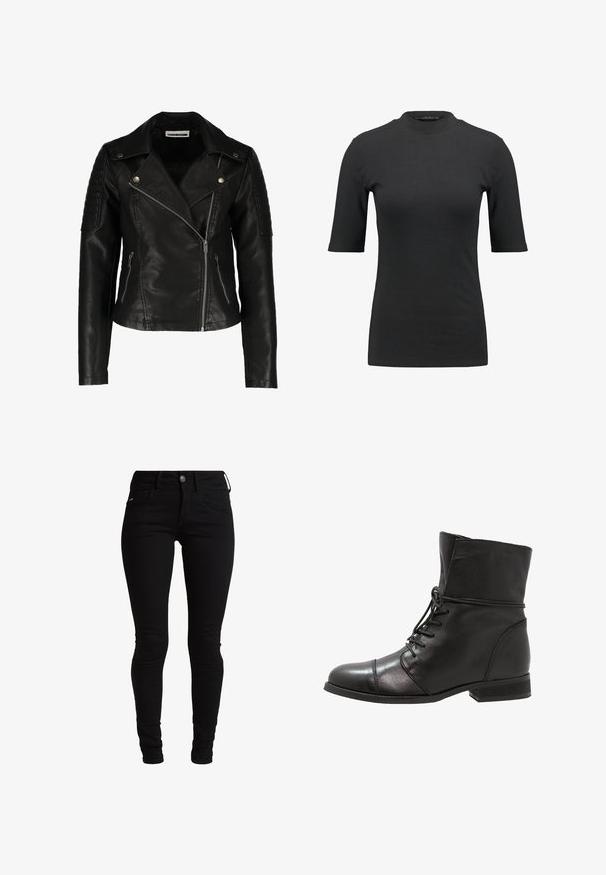 Zwarte leren motorjack met een slim-fit ontwerp, asymmetrische rits, gestructureerde schouders en twee voorzakken met rits. Gladde afwerking.; Zwarte geribbelde T-shirt met een hoge hals en korte mouwen. Gladde, aansluitende pasvorm zonder patronen of zichtbare hardwaredetails.; Zwarte skinny jeans van denim, met een klassiek vijf-pocket ontwerp, riemlussen en een sluiting met een voorste knoop. Glad, elastisch textuur.; Zwarte leren enkelboot met een ronde neus, vetersluiting aan de voorkant en een lage blokhak. Glad leer met stikseldetails en een omgeslagen kraag.