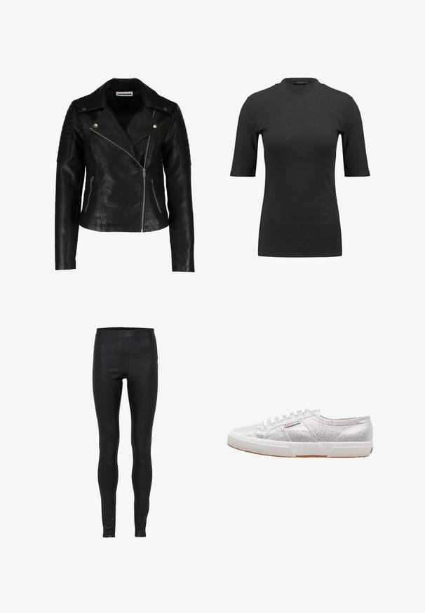Schwarze Leder-Bikerjacke mit einer taillierten Passform, asymmetrischem Reißverschluss, strukturierten Schultern und zwei vorderen Reißverschlusstaschen. Glatte Oberfläche.; Schwarzes geripptes T-Shirt mit hohem Hals und kurzen Ärmeln. Glattes, figurbetontes Design ohne Muster oder sichtbare Hardware-Details.; Schwarze Lederleggings mit hoher Taille, glatter Struktur und enger Passform von der Taille bis zum Knöchel.; Silberne Glitzer-Sneaker mit einer weißen Gummisohle, runder Zehenpartie, Schnürdesign und einem Logo-Patch an der Seite.