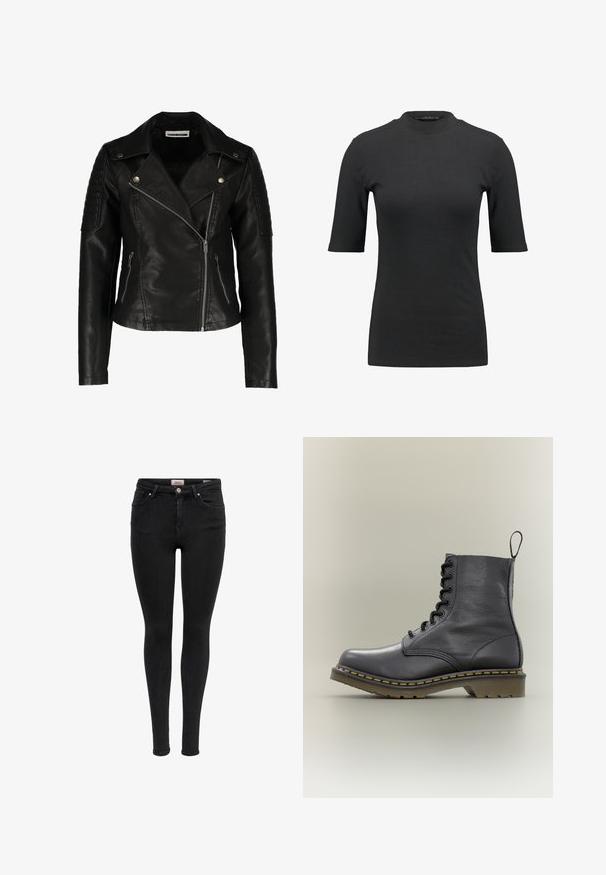 Sort læder bikerjakke med en tætsiddende design, asymmetrisk lynlås, strukturerede skuldre og to frontlommer med lynlås. Glat overflade.; Sort ribbet t-shirt med høj hals og korte ærmer. Glat, tætsiddende design uden mønstre eller synlige hardwaredetaljer.; Sorte skinny jeans med forlommer, bæltestropper og knaplukning, vist mod en hvid baggrund.; Sort læderkampstøvle med 8 snørehuller, gummisål, gul syning og en træksløjfe bagpå. Har en struktureret overdel.