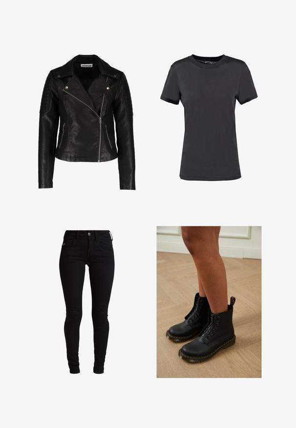 Chaqueta de motorista de cuero negro con diseño ajustado, cremallera asimétrica, hombros texturizados y dos bolsillos frontales con cremallera. Acabado suave.; Camiseta de manga corta negra, hecha de tela suave. Presenta un cuello redondo sin patrones ni acentos visibles, ofreciendo un diseño sencillo.; Jeans skinnies negros de denim, con un diseño clásico de cinco bolsillos, trabillas para el cinturón y cierre frontal con botón. Textura suave y elástica.; Botas de cuero negro hasta el tobillo con diseño de cremallera y cordones, que presentan costuras amarillas y una suela gruesa y texturizada.