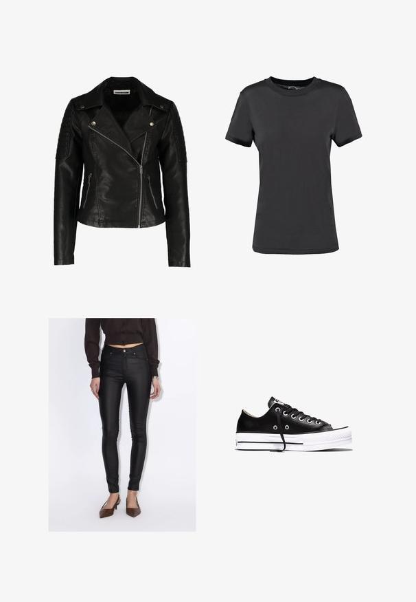 Zwarte leren motorjack met een slim-fit ontwerp, asymmetrische rits, gestructureerde schouders en twee voorzakken met rits. Gladde afwerking.; Zwarte korte mouwen t-shirt gemaakt van een gladde stof. Heeft een ronde hals zonder zichtbare patronen of accenten, wat zorgt voor een eenvoudig ontwerp.; Vrouw draagt zwarte hoge taille skinny broek, een cropped donkerbruin overhemd met knopen en bruine puntige hakken.; Zwarte lage sneaker met witte rubberen zool, zwarte veters en zilveren veterogen, zijaanzicht op een witte achtergrond.