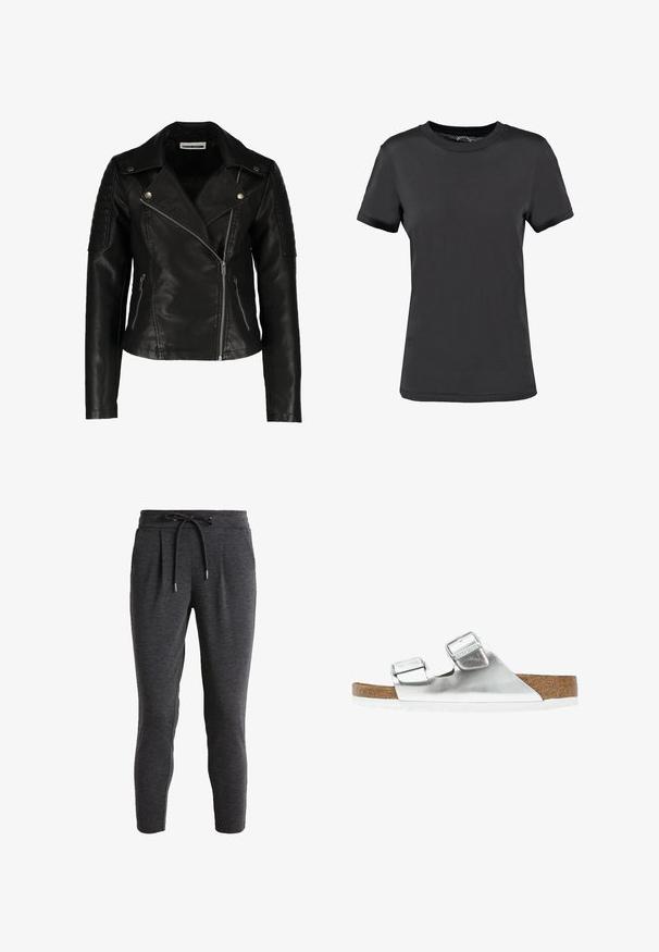 Zwarte leren motorjack met een slim-fit ontwerp, asymmetrische rits, gestructureerde schouders en twee voorzakken met rits. Gladde afwerking.; Zwarte korte mouwen t-shirt gemaakt van een gladde stof. Heeft een ronde hals zonder zichtbare patronen of accenten, wat zorgt voor een eenvoudig ontwerp.; Donkergrijze tapering sweatpants met een trekkoord in de taille, geplooide voorkant, zachte textuur en een enkellang ontwerp. Geschikt voor casual kleding.; Zilveren metallic sandaal met twee verstelbare banden, kurken voetbed en witte zool. Gladde bovenkant met een glanzende afwerking.