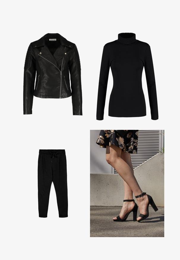 Chaqueta de motorista de cuero negro con diseño ajustado, cremallera asimétrica, hombros texturizados y dos bolsillos frontales con cremallera. Acabado suave.; Top negro de manga larga tipo cuello alto, hecho de una tela suave y elástica con una silueta ajustada y un cuello alto. Sin patrones ni adornos.; Pantalones de chándal negros hechos de una tela suave, con una cintura elástica con cordón, bolsillos laterales y un diseño de pierna ajustada.; Sandalias de tacón alto de ante negro con una correa en el tobillo y hebilla, diseño de punta abierta y tacón ancho. Textura suave y estilo minimalista.
