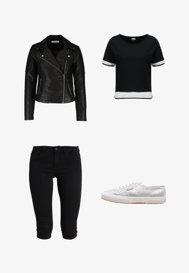 Chaqueta de motorista de cuero negro con diseño ajustado, cremallera asimétrica, hombros texturizados y dos bolsillos frontales con cremallera. Acabado suave.; Camiseta negra corta con mangas cortas, que presenta detalles de malla blanca en las mangas y el dobladillo. Tela suave; escote redondeado.; Pantalones capri de mezclilla negra con un diseño ajustado, que cuentan con bolsillos frontales, cierre de botón y dobladillos enrollados para un aspecto estilizado.; Zapatillas plateadas con purpurina y suela de goma blanca, con puntera redonda, diseño de cordones y un parche con el logo en el lateral.