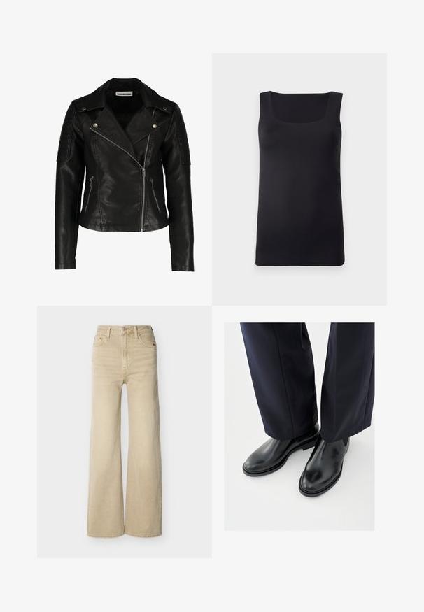 Zwarte leren motorjack met een slim-fit ontwerp, asymmetrische rits, gestructureerde schouders en twee voorzakken met rits. Gladde afwerking.; Zwarte mouwloze tanktop met een vierkante halslijn, gemaakt van gladde stof, met een slim fit ontwerp en schone randen, zonder zichtbare patronen of accenten.; Beige jeans met hoge taille en wijde pijpen, voorzien van knopen en rits aan de voorkant, voor- en achterzakken, en riemlussen, afgebeeld op een witte achtergrond.; Zwarte leren Chelsea-enkellaarzen met een glanzende afwerking, platte zolen en elastische zijkanten, gecombineerd met donker, op maat gemaakte pantalons.