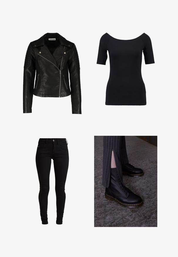 Schwarze Leder-Bikerjacke mit einer taillierten Passform, asymmetrischem Reißverschluss, strukturierten Schultern und zwei vorderen Reißverschlusstaschen. Glatte Oberfläche.; Schwarzes Kurzarmoberteil mit schulterfreiem Ausschnitt, taillierter Passform und glatter Textur. Keine sichtbaren Muster oder Beschläge.; Schwarze Skinny-Jeans aus Denim, mit einem klassischen Fünf-Taschen-Design, Gürtelschlaufen und einem vorderen Knopfverschluss. Gelenkiger, dehnbarer Stoff.; Schwarze Leder-Schnürstiefel mit strukturiertem Finish, gelben Nähten und einer robusten, durchsichtigen Sohle. Kombiniert mit gestreiften Hosen mit Reißverschlüssen.