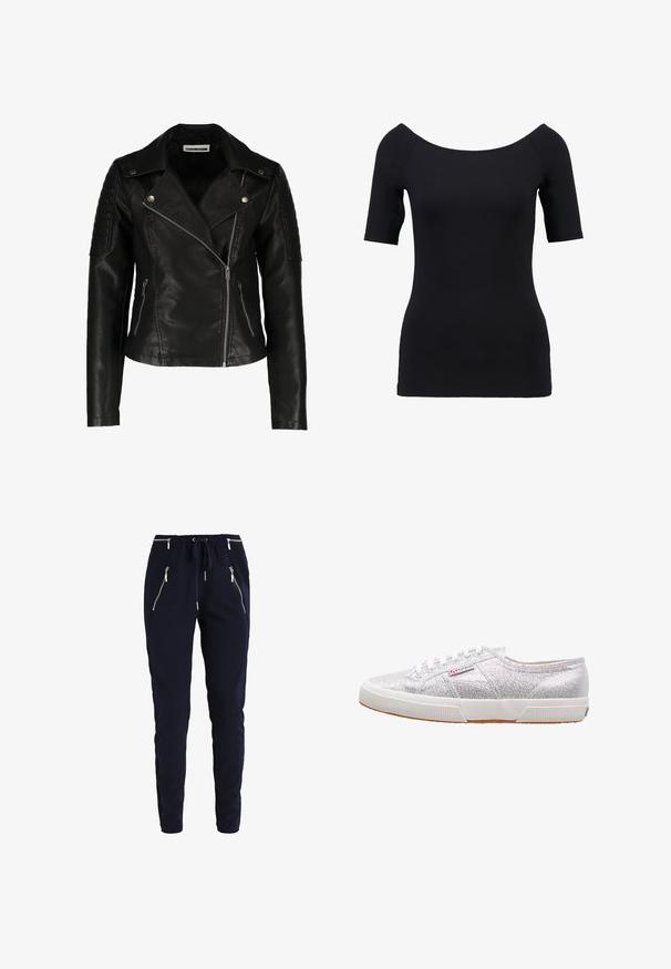 Schwarze Leder-Bikerjacke mit einer taillierten Passform, asymmetrischem Reißverschluss, strukturierten Schultern und zwei vorderen Reißverschlusstaschen. Glatte Oberfläche.; Schwarzes Kurzarmoberteil mit schulterfreiem Ausschnitt, taillierter Passform und glatter Textur. Keine sichtbaren Muster oder Beschläge.; Marineblaue, schmal zulaufende Hose mit elastischem Bund, Kordelzug und vier silbernen Reißverschlusstaschen, auf weißem Hintergrund dargestellt.; Silberne Glitzer-Sneaker mit einer weißen Gummisohle, runder Zehenpartie, Schnürdesign und einem Logo-Patch an der Seite.