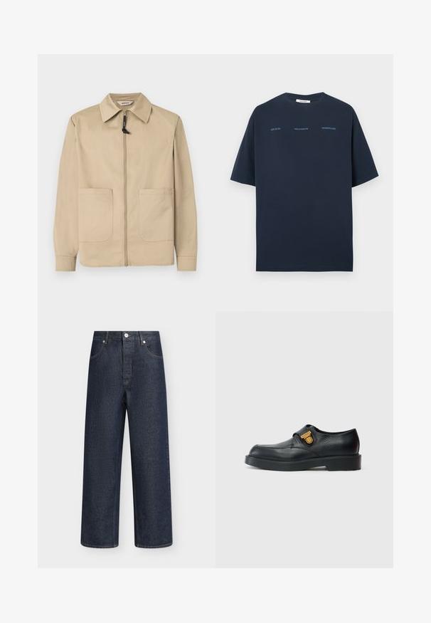 Veste beige à fermeture éclair avec col, deux poches plaquées à l'avant, manches longues, et tire-zip noir sur fond blanc uni.; T-shirt en coton bleu marine à manches courtes, col rond, avec un texte imprimé en bleu clair : "HZW (25-26)", "HOLZWEILER" et "*WONDERLAND."; Jean large en denim bleu foncé avec bouton devant, fermeture éclair, passants de ceinture et poches, présenté sur un fond blanc uni.; Chaussure en cuir noir avec bout arrondi, surface texturée et design à enfiler. Comprend un accent en métal doré sur le côté.