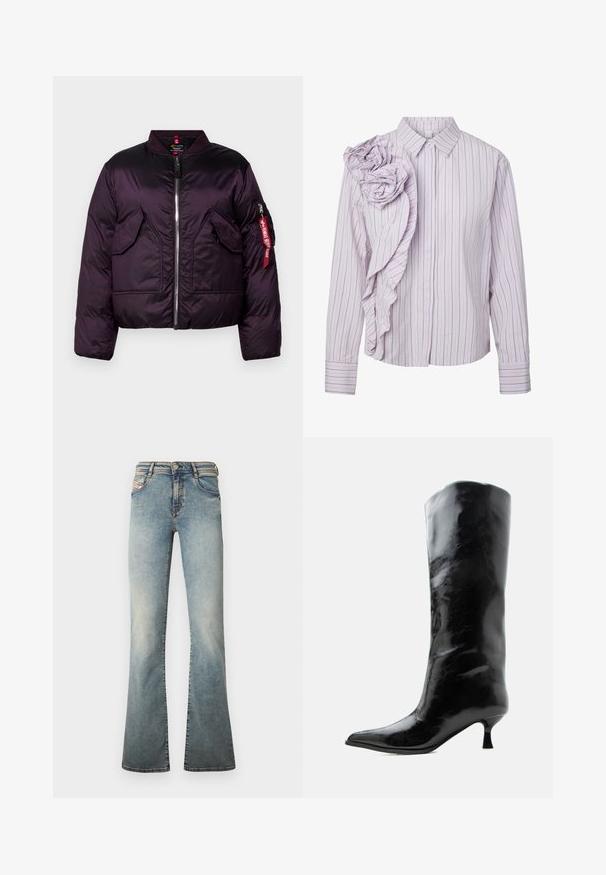 Parka violette au design bomber, dotée d'une fermeture éclair à l'avant, de deux grandes poches avant et d'une poche sur la manche avec un détail étiquette rouge.; Blouse à rayures violet clair à manches longues avec un col classique et un détail en tissu froncé en forme de roses sur l'épaule gauche.; Jean évasé bleu clair en denim, doté de cinq poches, d'une fermeture par bouton et d'un effet délavé subtil sur les jambes.; Botte en cuir noire brillante, haute jusqu'au genou, avec bout pointu et talon bas courbé sur un fond clair uni.
