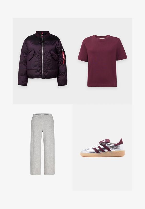 Parka violette au design bomber, dotée d'une fermeture éclair à l'avant, de deux grandes poches avant et d'une poche sur la manche avec un détail étiquette rouge.; T-shirt à manches courtes et col rond, uni rouge foncé, présenté sur un fond blanc.; Pantalon de survêtement gris clair, coupe droite, avec taille élastique et petit logo blanc sur la cuisse supérieure.; Baskets Adidas Spezial en argent métallique avec des bandes bordeaux, semelle en gomme et rabat à scratch sur la languette, sur un fond clair uni.