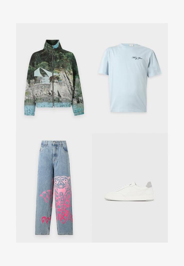 Veste zippée avec une impression photographique d'une scène côtière comprenant des rochers, de l'eau et une structure ; les couleurs incluent le vert, le bleu et le marron.; T-shirt bleu clair à manches courtes avec petit texte noir en cursive "Filling Pieces of Cinema" sur la partie gauche de la poitrine.; Jean bleu clair à jambes larges avec un grand graphisme rose représentant un animal stylisé et le mot « ICECREAM » sur la jambe avant droite.; Baskets basses blanches avec un onglet de talon gris, des lacets blancs et une semelle texturée, présentées sur un fond uni clair.