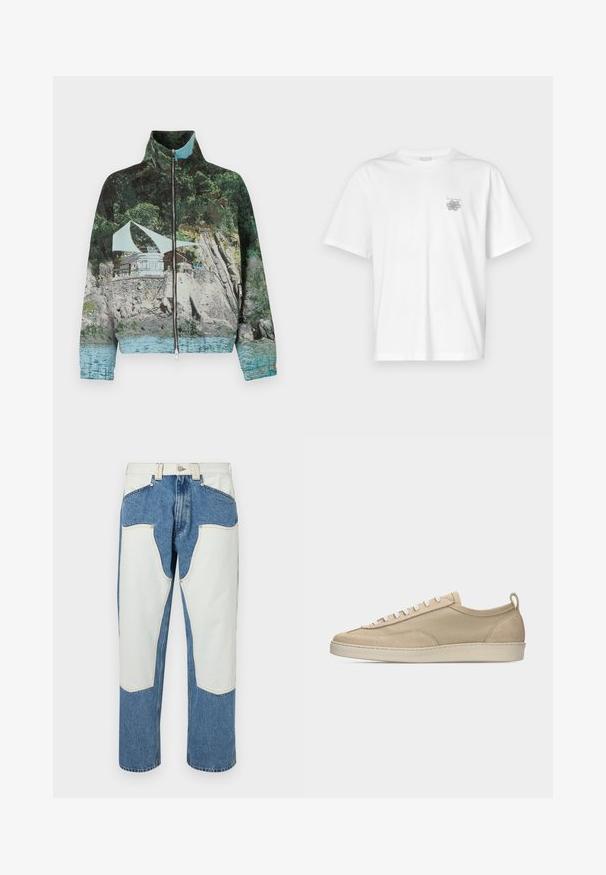 Veste zippée avec une impression photographique d'une scène côtière comprenant des rochers, de l'eau et une structure ; les couleurs incluent le vert, le bleu et le marron.; T-shirt blanc en coton avec des manches courtes, un col ras du cou et un petit logo gris sur la partie gauche de la poitrine. Texture lisse.; Jeans en denim de couleur bleu clair avec des patchs blancs contrastants et des coutures beiges. Design à jambe droite avec taille haute.; Baskets beige basses avec tige en tissu et daim, lacets blancs, semelle en caoutchouc et languette à l'arrière, présentées en profil latéral sur fond blanc.