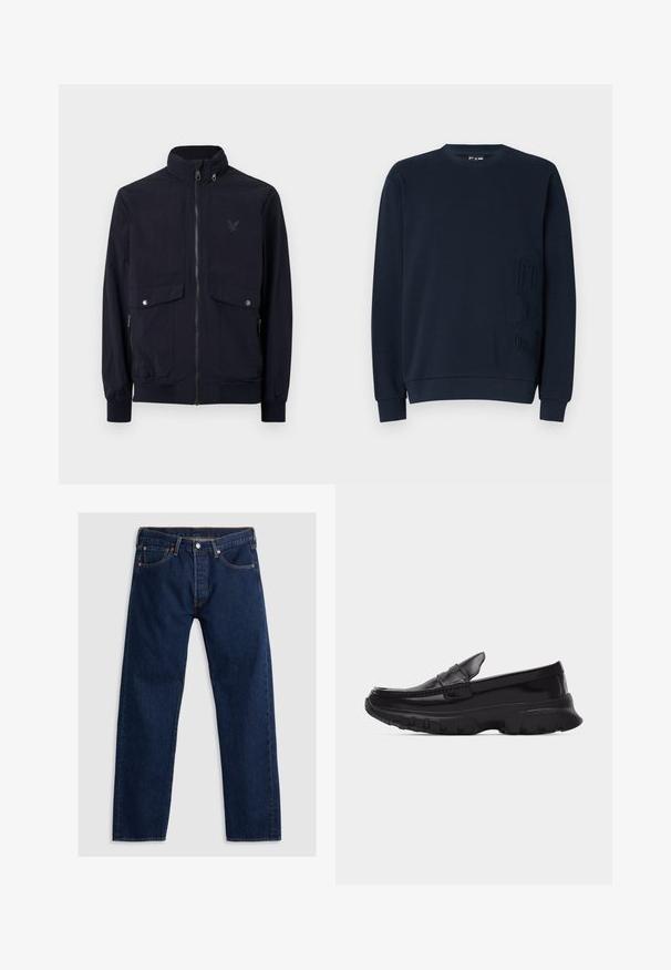 Laivaston vetoketjullinen takki, joka on valmistettu kevyestä kankaasta. Takissa on korkea kaulus, kaksi etutaskua ja ribattu hihansuu. Rinnassa on huomaamaton logo.; Tummansininen crewneck-huppari, jossa on tekstuuri "EAT" -kuvio vasemmalla etupuolella. Valmistettu pehmeästä kankaasta, jossa on hihansuut ja hienovarainen joustava helma.; Tummansinisen suoranlahkeiset farkut, joissa on etupainike, vyölenkit ja viiden taskun muotoilu, asetettu litteäksi vaaleataustalle.; Musta kiiltävä loafer-kengä, jossa on paksu, teksturoitu pohja ja tikattu yksityiskohta, sivuprofiili yksinkertaisella vaaleanharmaalla taustalla.