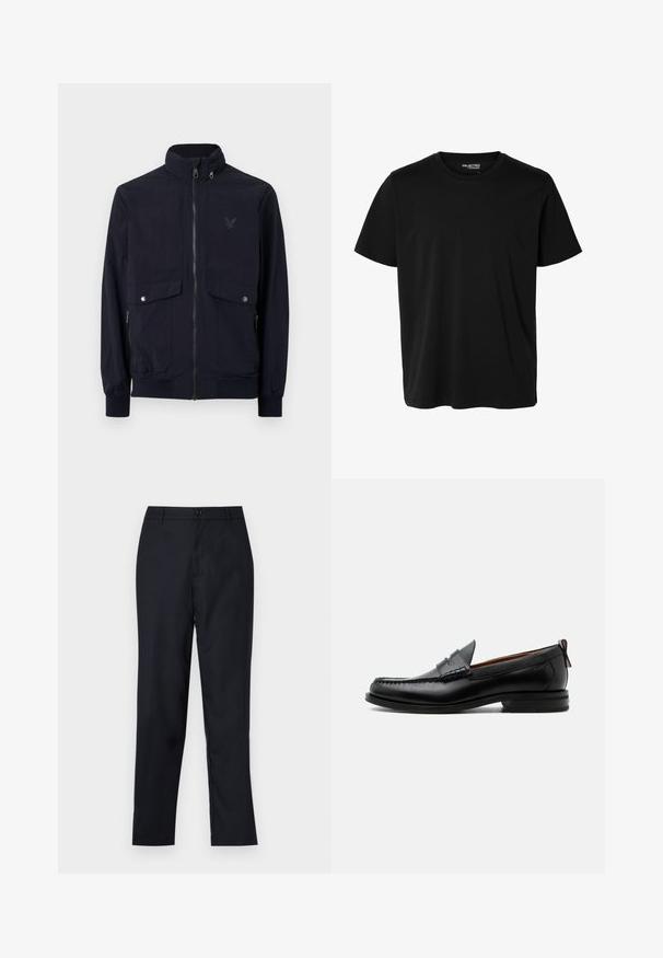 Chaqueta de punto navy con cremallera fabricada en tejido ligero, con un alto cuello, dos bolsillos delanteros y puños acanalados. Presenta un logo sutil en el pecho.; Camiseta negra lisa de manga corta y cuello redondo con corte de hombre, sin patrones ni logotipos visibles en el delantero.; Pantalones azul marino de tejido suave, con un diseño de pierna recta, cierre de un solo botón y suaves plisados en la parte frontal.; Mocasín de hombre de piel negra con costura moc toe, tira penny, cuello texturizado y tacón bajo apilado sobre fondo blanco.