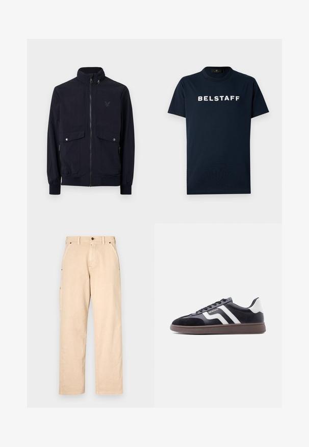 Chaqueta de punto navy con cremallera fabricada en tejido ligero, con un alto cuello, dos bolsillos delanteros y puños acanalados. Presenta un logo sutil en el pecho.; Camiseta de algodón azul marino de manga corta, con cuello redondo y texto blanco "BELSTAFF" impreso en el frente. Diseño sencillo, textura suave.; Pantalones de algodón beige con corte de pierna recta, que cuentan con bolsillos laterales, pasadores para cinturón y cierre delantero con botón. Textura suave, diseño minimalista.; Zapatillas negras con material de ante y sintético, rayas diagonales blancas y suela marrón texturizada. Presentan un diseño con cordones y cuello acolchado.