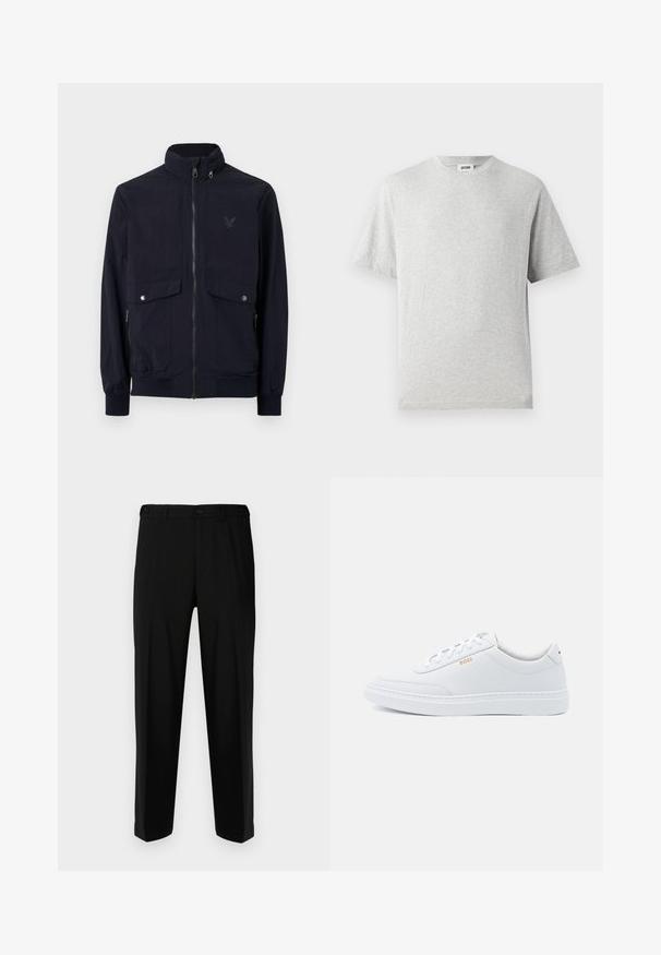 Chaqueta de punto navy con cremallera fabricada en tejido ligero, con un alto cuello, dos bolsillos delanteros y puños acanalados. Presenta un logo sutil en el pecho.; Camiseta gris de manga corta hecha de tela suave. Presenta un cuello redondo, un corte relajado y no tiene patrones ni logotipos. Textura suave en toda la prenda.; Pantalones negros de tela suave, con corte recto, dos bolsillos frontales y cremallera con cierre de botón.; Zapatillas de cuero blanco con textura suave, puntera redondeada y costuras tonales. Cuentan con cordones azules y un logo dorado en el lateral.