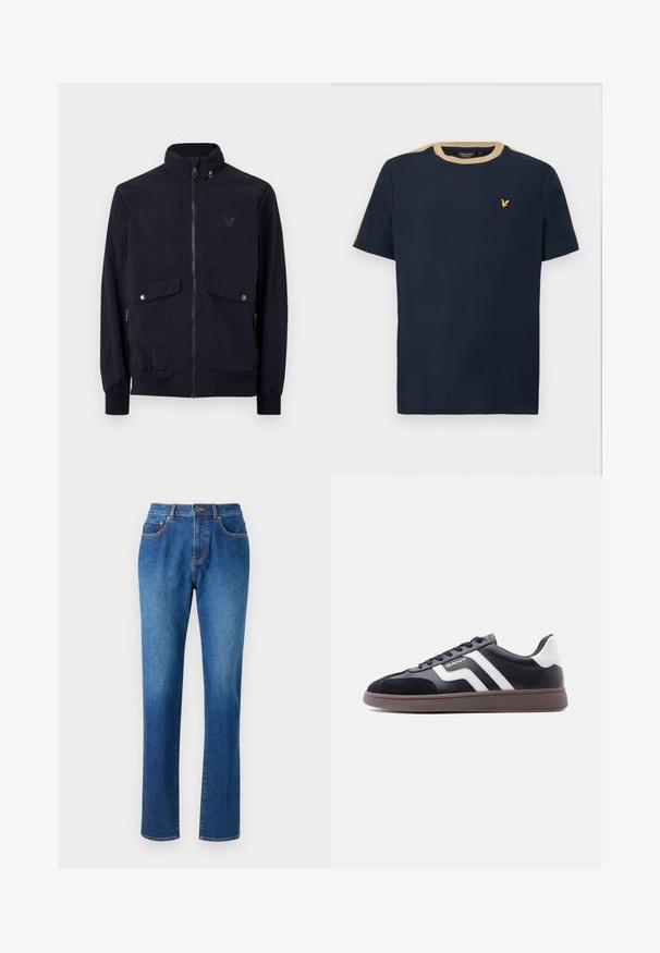 Chaqueta de punto navy con cremallera fabricada en tejido ligero, con un alto cuello, dos bolsillos delanteros y puños acanalados. Presenta un logo sutil en el pecho.; Camiseta azul marino de algodón con escote redondo y mangas cortas. Presenta un borde de color beige y un pequeño logo bordado en dorado.; Jeans de mezclilla azul con corte recto, cinco bolsillos, cinturilla con pasadores para cinturón y costuras contrastantes a lo largo de las costuras.; Zapatillas negras con material de ante y sintético, rayas diagonales blancas y suela marrón texturizada. Presentan un diseño con cordones y cuello acolchado.