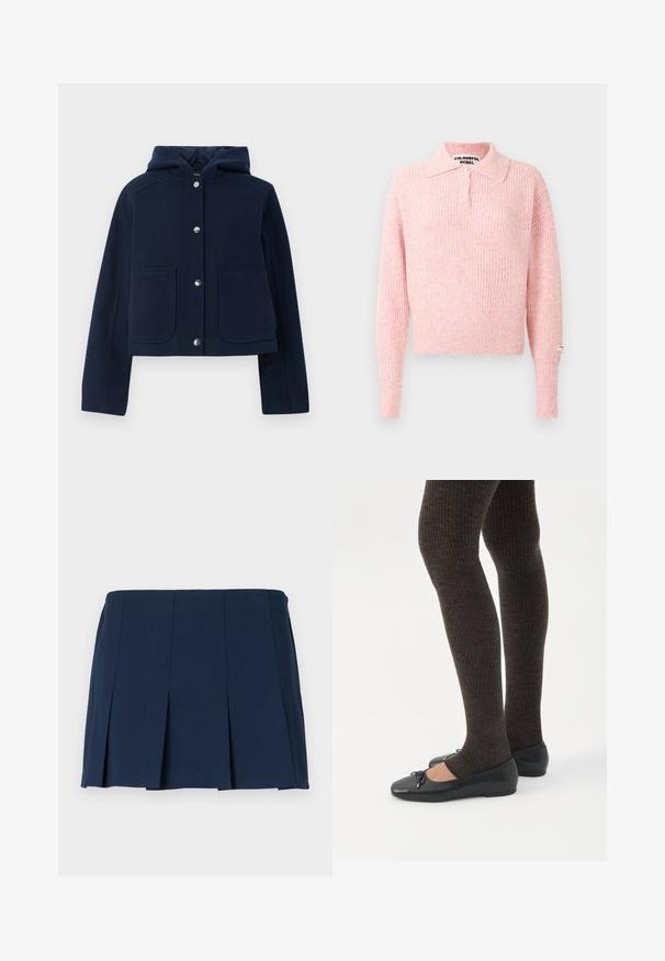 Marineblå hættetrøje med lange ærmer, frontknapper og to store forlommer, præsenteret på en hvid baggrund.; Rosa, ribbet sweater med krave og tre knaplukninger. Lange ærmer og cropped pasform. Etiket syet på ærmet.; Mørkeblå, plisseret mini nederdel med en lige talje, lavet af et glat stof. Har lodrette syninger langs plisseringerne.; Ben iført mørke ribbede leggings kombineret med sorte balletsko med små sløjfedetaljer på hvid baggrund.